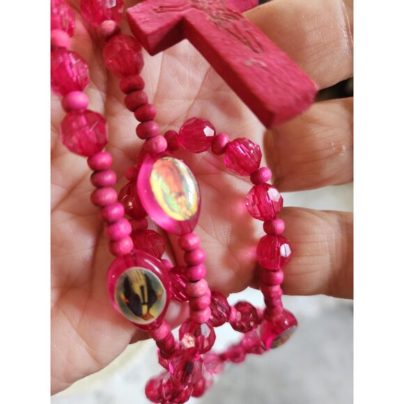 Pink Fuchsia Cross Necklace – Etched Wooden Crucifix with Plastic & Wood Beads - Picture 4 of 10
